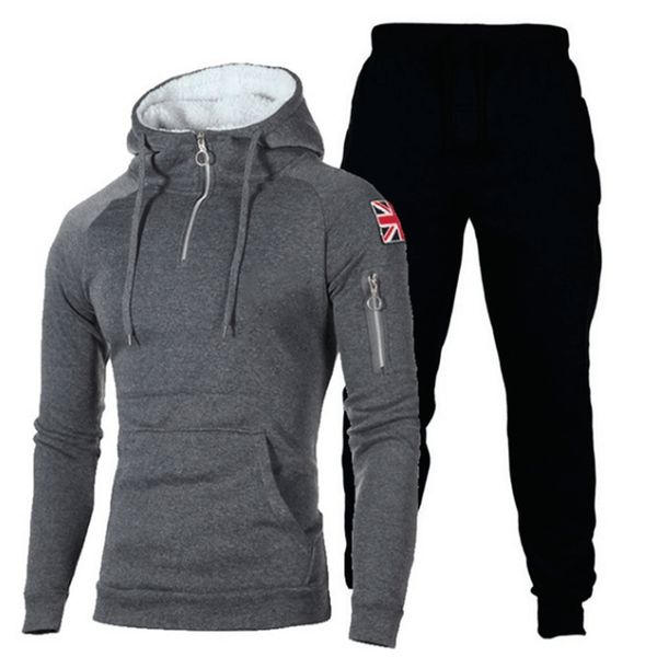 

tracksuits style men's decorative zipper neckline hooded long-sleeved sleeves yonago sticker pocket sweater set, Gray
