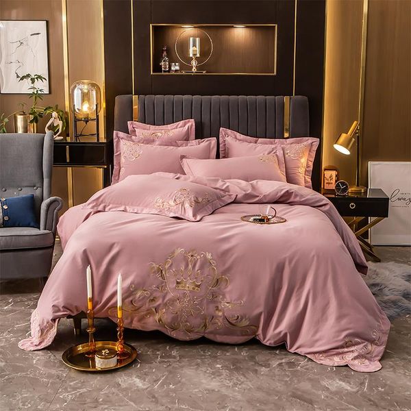 

bedding sets luxury 600tc egyptian cotton gold crown embroidery set  king size duvet cover bed sheet pillowcases home textiles