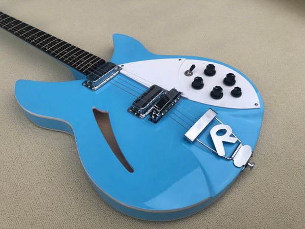 Nova alta qualidade 6-string f-buraco guitarra elétrica, tinta azul de metal, meio vazio centro, carrinho de pickup coreano, frete do pacote