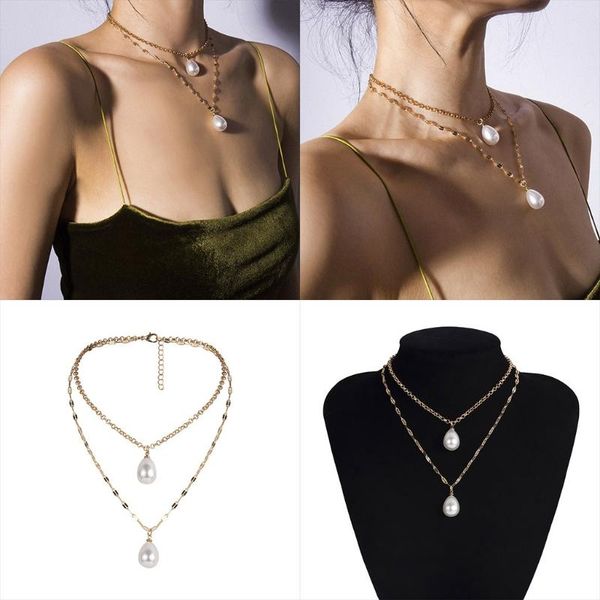 

pendant necklaces personality mix necklace multi layer profiled pearl rice beads collar chain elegant everyday versatile for women, Silver