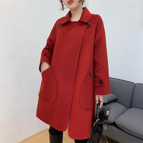 

women's wool & blends 2021 women coat long jacket outerwear fashion overcoat female autumn and winter clothing #66738, Black
