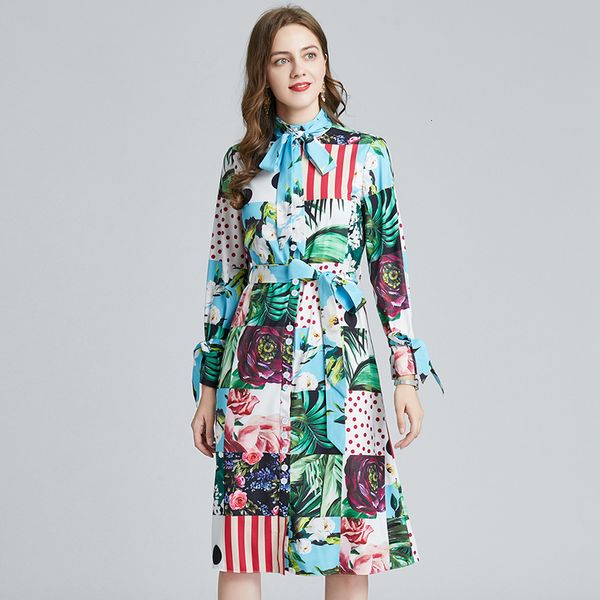 

spring work wear one-piece breasted dress feminine lace floral polka dot fashion ribbons printed mid-calf long dresses 5fq8, Black;gray