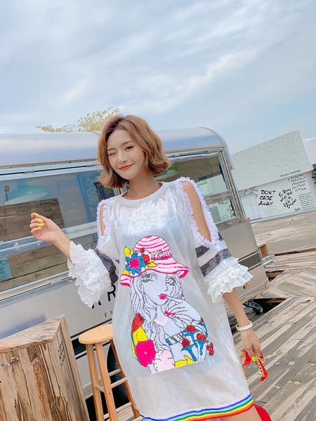 

casual dresses tide brand dress cartoon sequins sparkling short-sleeved strapless female loose large size mid-length summer, Black;gray