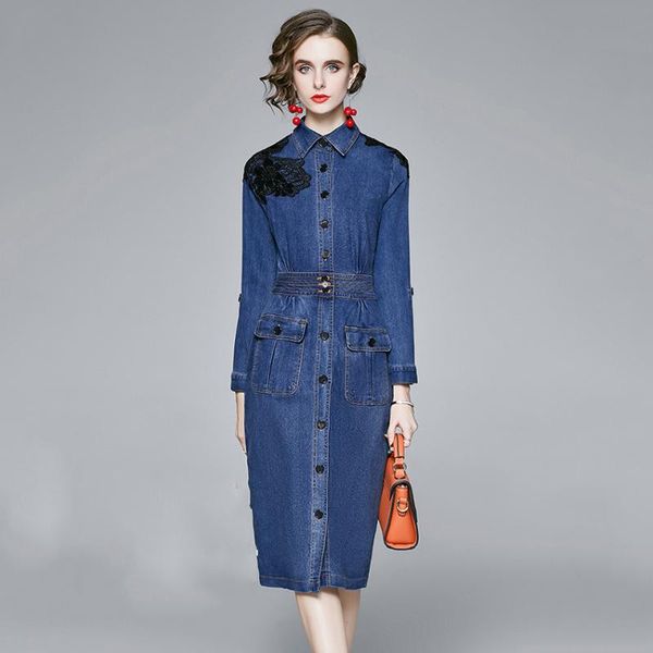 

casual dresses spring denim dress women full sleeve bodycon jeans 2021 korean fashionembroidery vintage robe femme, Black;gray