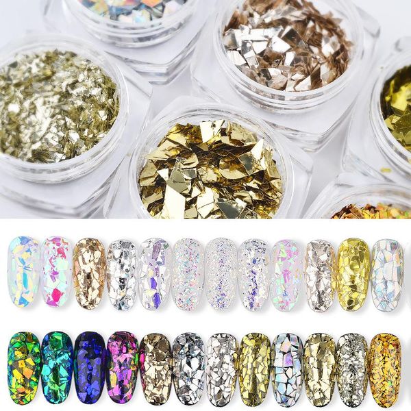 

nail glitter 6pcs holographic sequins set 3d irregular broken glass art foils flakes aurora colorful manicure decorations, Silver;gold