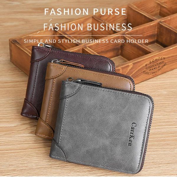 

wallets retro leather short men wallet multifunction card holder multicard three-fold zipper male purse, Red;black