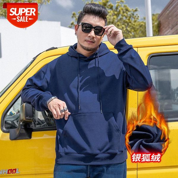 

large size men's plus velvet solid color hooded sweater simple casual fat loose bottoming shirt men #qw1b, Black