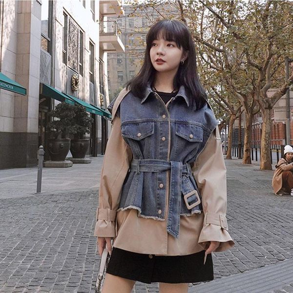 

women's trench coats plus size women fashion blue denim stitching khaki coat with belt ropa mujer 2021 autumn loose casual windbreaker, Tan;black