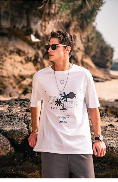 

men's t-shirts 2228 men boys summer trend printing cotton loose version combed short-sleeved t-shirt, White;black