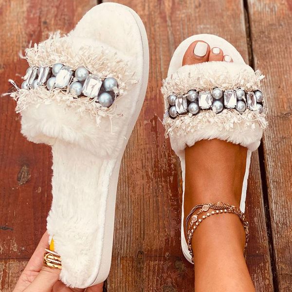 

slippers women home slip-on furry flat plus large rhinestone open toe non-slip soft keep warm winter plush shoes, Black