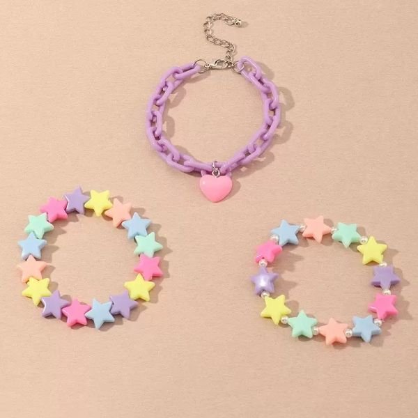 Braccialetti con ciondoli 3PC SET Moda Colore Caramella Stelle acriliche Ciondoli a cuore Ciondolo Perle Bracciale carino Braccialetti Set per donne Ragazze Compleanno Gi