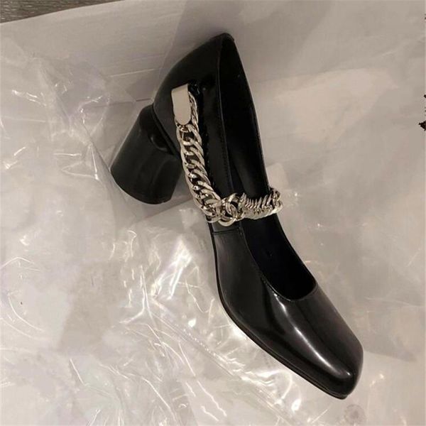 

dress shoes spring and autumn ladies high heels metal chain decoration square toe black party