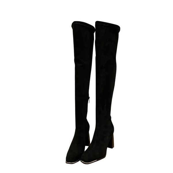 

boots 8cm heels women's winter plus velvet over the knee fashion block heel korean style shoes female women, Black