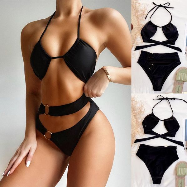 

women's swimwear bikini 2021 women bandage push up two piece pure color swimsuit bathing suit halter string beachwear, White;black