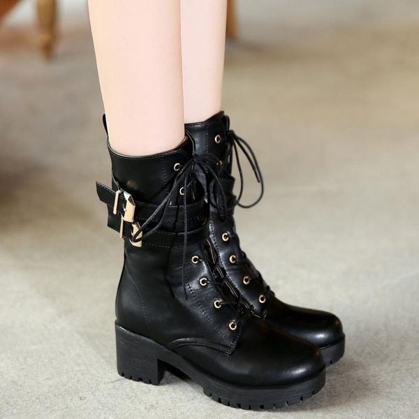 

boots ymechic 2021 black buckle strap gothic block high heels lace up shoes platform combat punk goth biker for women