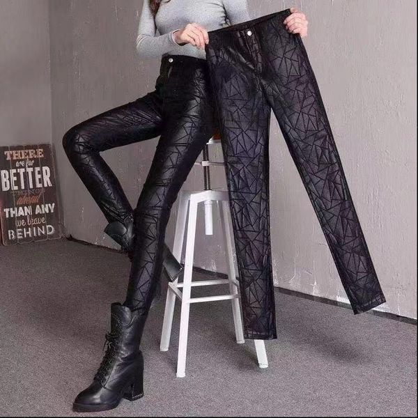 

winter warm pu leather women capri velvet trousers elastic pencil skinny, Black;white