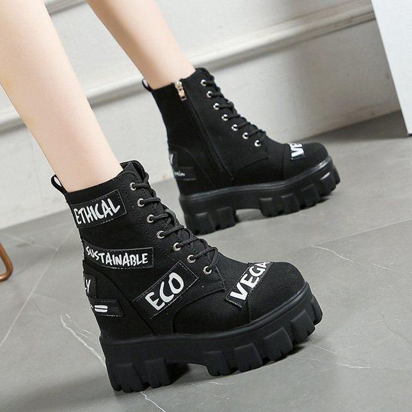 

boots canvas spring and autumn 2021 high platform short in the british style skinny women, Black
