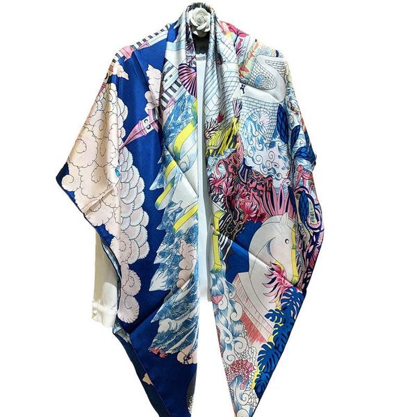 

scarves 100% twill silk scarf women fashion sqaure bandana luxury animal forest castle pint shawl stole hand rolled kerchief 53"*53&quo, Blue;gray