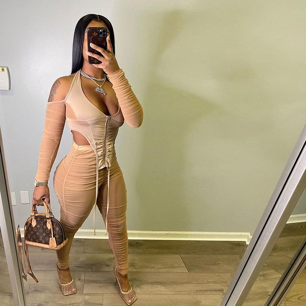 

sheer mesh two piece set women long sleeve crop and stacked leggings matching sets club outfits d87-df25, White