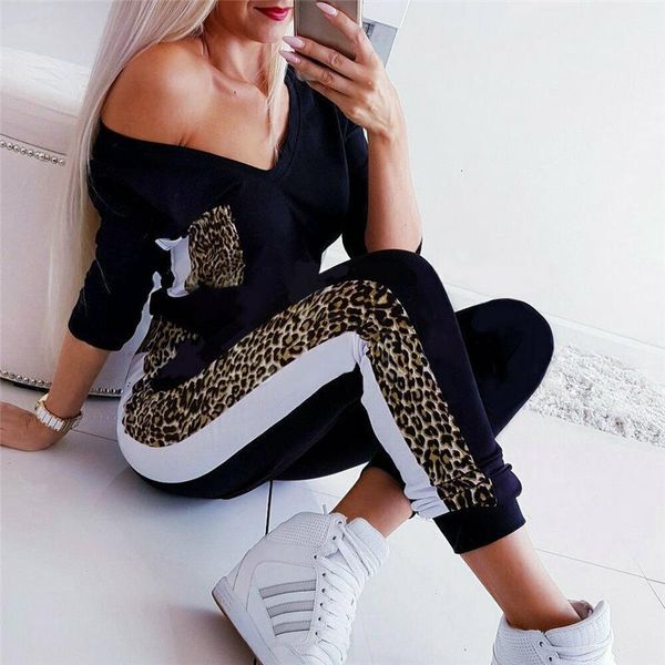 

2021 new women sets women black 2 pcs sweatsuit autumn leopard v neck pullover suits women outfit two piece tracksuits, Gray