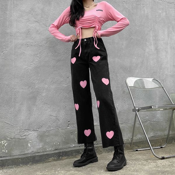 

2021 pink heart print cute womens jeans pants high waist female y2k straight trousers streetwear 90s casual outfits, Black;white