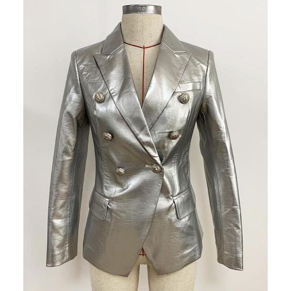 

women's suits & blazers high street est 2021 designer stylish runway fashion lion buttons silver leather blazer jacket, White;black