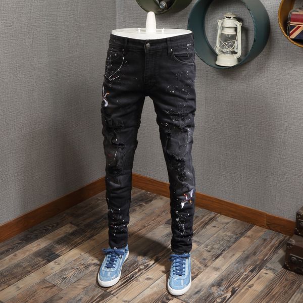 

2021 new fashion streetwear black color embroidery ripped men elastic destroyed pants paint designer hip hop jeans homme blei, Blue