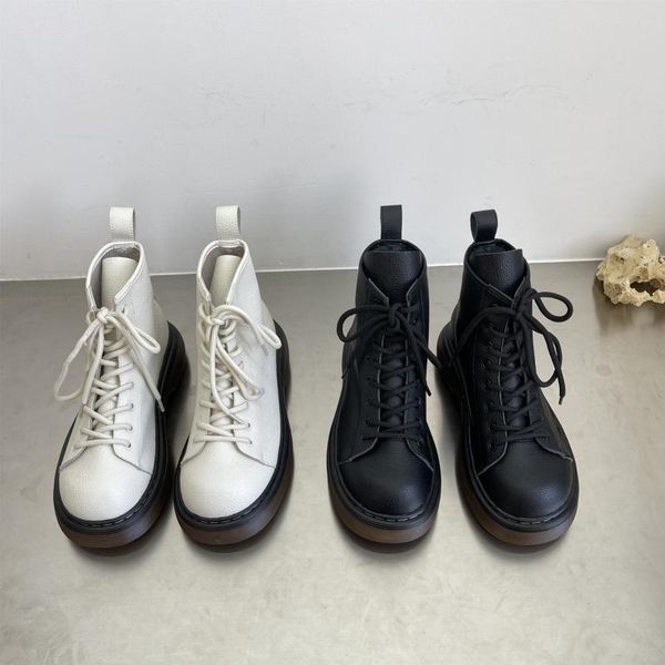 

boots lace up winter genuine leather fur female shoes round toe clogs platform ladies white rubber lolita ankle med rock solid f, Black