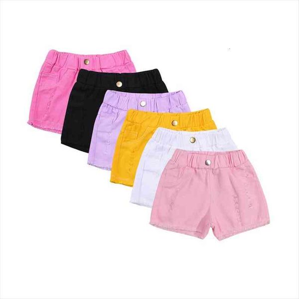 

2 8y summer causal kids girls shorts 5 colors solid elastic hole high waist trousers, Black