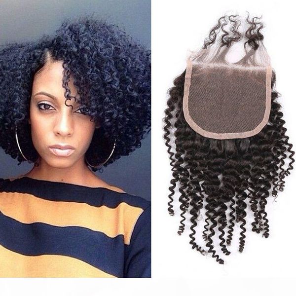 

mongolian human hair lace closure unprocessed virgin hair kinky curly 4x4 closure with baby hair, Black;brown