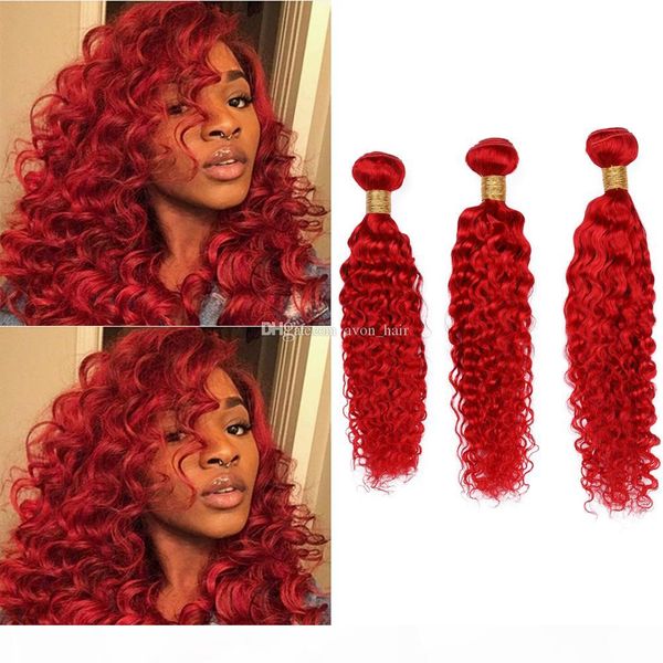 

double wefted bright red color human hair weaves extensions 3pcs bright red colored deep wave 100% human hair wefts 3bundles lot, Black