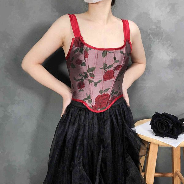 

nxy set overbust corset dress cute embroidery rose floral plus size zip women bustier lingerie brocade victorian dropshipping 1130, Red;black