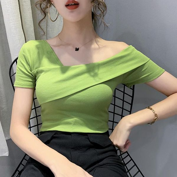 

women's t-shirt summer clothes slim korean fashion casual female skew collar women shirt short sleeve bottoming t, White