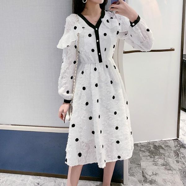 

casual dresses fall 2021 brand women fashion dress v-neck long sleeve polka dot sweet cute lace white vestidos, Black;gray