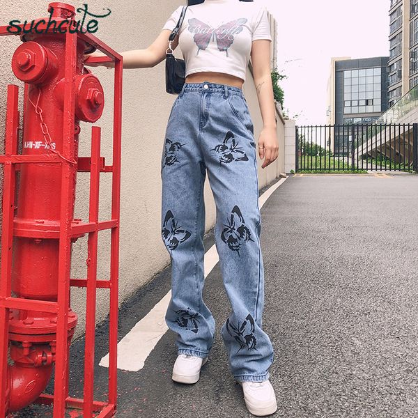 

suchcute butterfly print women's jeans baggy wide leg trousers streetwear gothic skinny female dance joggers outfits festival 210222, Blue