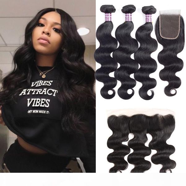 

10a brazilian virgin body wave bundles with closure unprocessed peruvian indian human hair extensions bundles with frontal remy hair weaves, Black