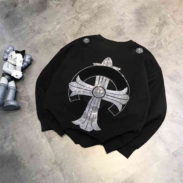 

65% off outlet online store fashion couple's large cross flash drill round neck loose casual versatile sweater autumn, Black