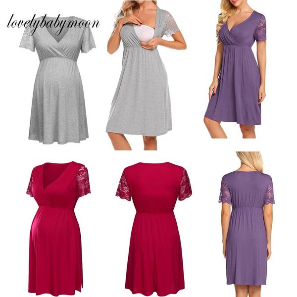 

maternity dresses 2021 comfortable clothes short sleeve womens nursing nightgown pregnancy dress lace splice pajamas, White
