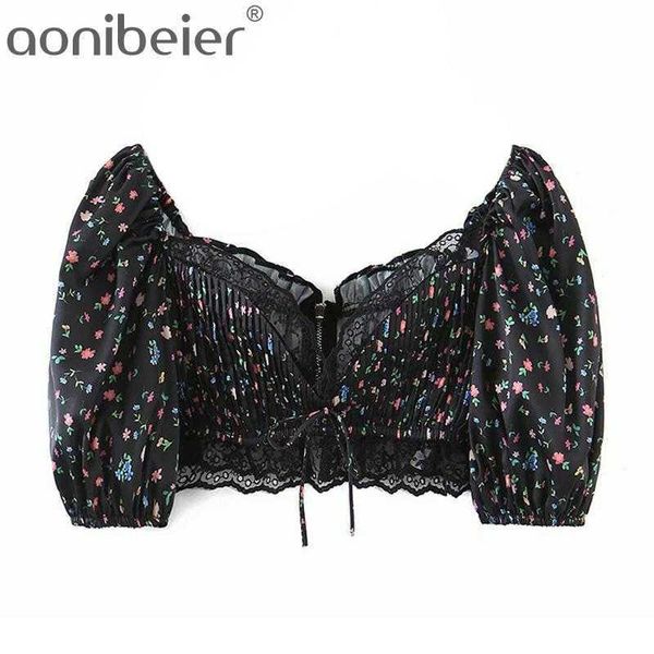 

goth printed sheer lace trim sweetheart crop summer fashion short puff sleeve zipper back women slim blouses 210604, White