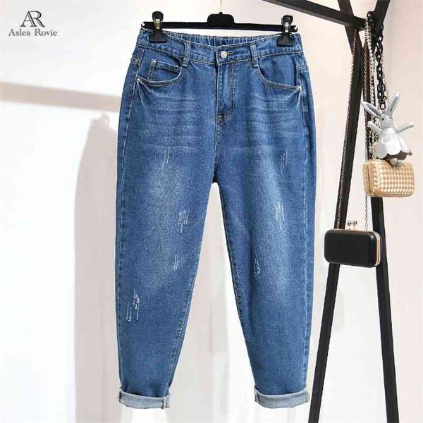 

harem jeans woman high waist loose plus size blue pocket ankle-length denim pant 6xl 210629