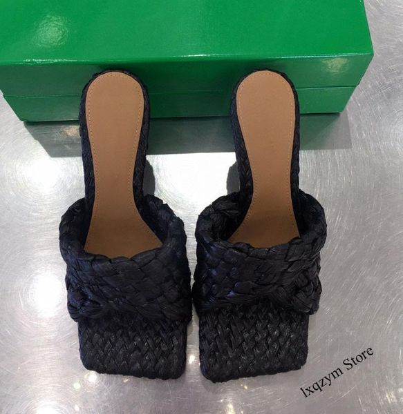 

slippers 2021 weave summer woman thin high heels ladies one strap sandals size 42eur shoes, Black