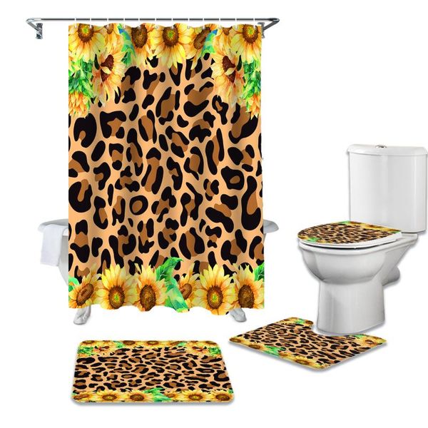 

shower curtains sunflower leopard texture durable waterproof curtain set bathroom rugs carpet toilet seat cover pad floor mat
