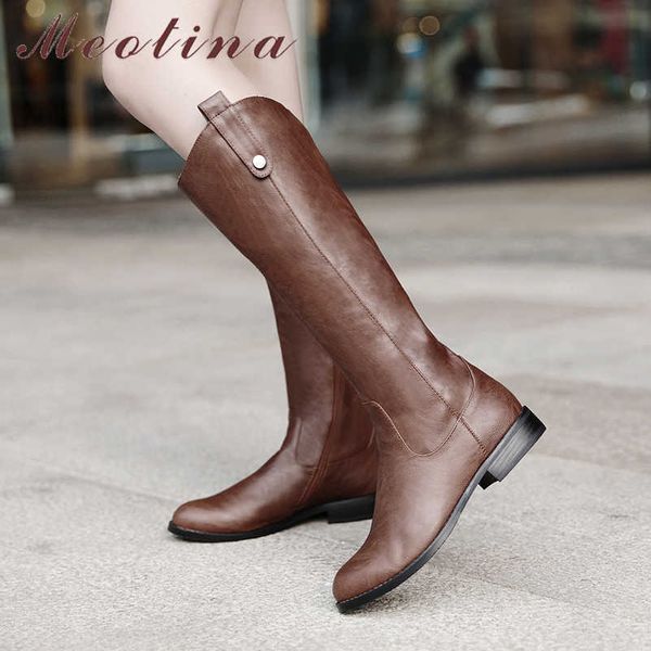 

meotina flat knee high boots women western boots zipper round toe riding boots female shoes autumn winter brown large size 34-43 210608, Black