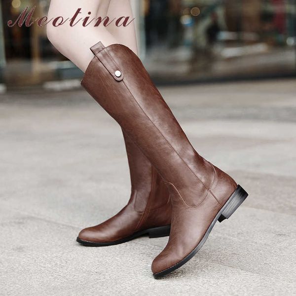 Meotina Stivali alti al ginocchio piatti Stivali occidentali da donna Cerniera Stivali da equitazione con punta tonda Scarpe femminili Autunno Inverno Marrone Taglia grande 34-43 210608