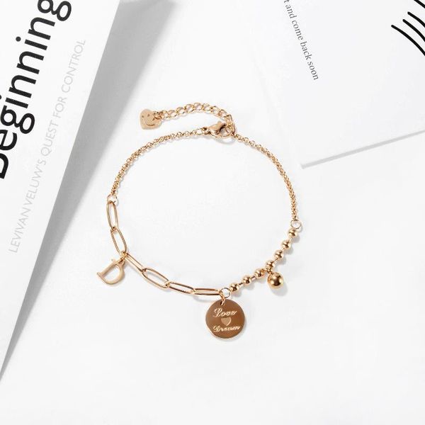 

charm bracelets delicate round tag and letter bracelet in stainless steel, women's bracelet, tiny, Golden;silver