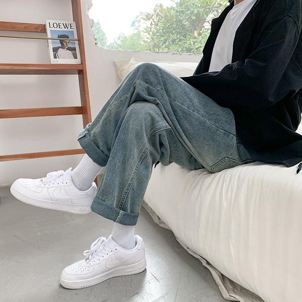 

men's jeans straight harem korean loose denim pants street casual cropped solid color wide leg, Blue