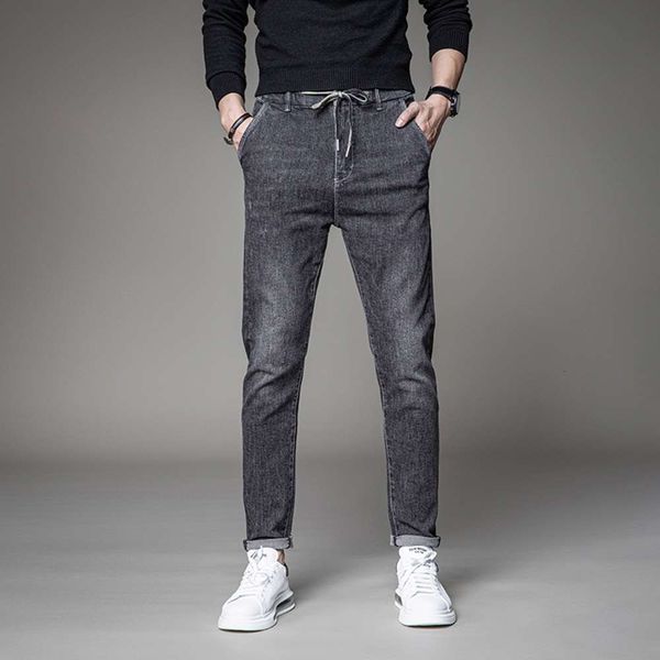 

ins autumn and winter jeans men's slim fit small feet brand korean fashion versatile black grey long pants lace up elasticwinter, Blue