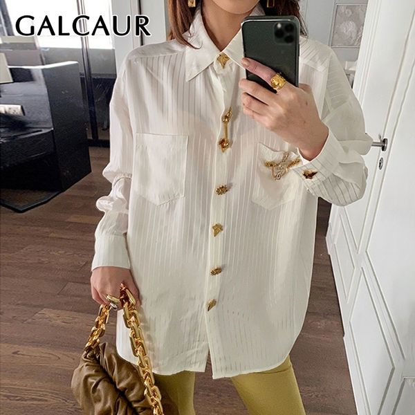 

galcaur diamonds striped shirt for women lapel long sleeve casual loose  white blouse female summer fashion clothes 210315