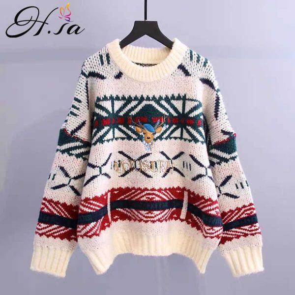 

h.sa women oversize sweater round neck long sleeve knitted pull jumpers christmas oversize winter women's deer sweater 210716, White;black