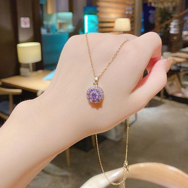 

chokers inssiny korean fashion jewelry titanium steel crystal rotating round pendant necklace elegant female clavicle, Golden;silver